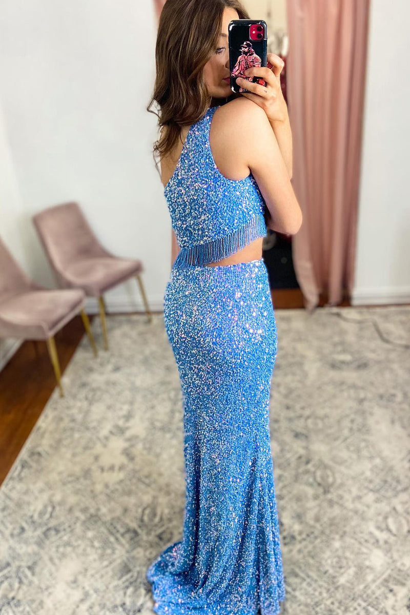 Load image into Gallery viewer, Mermaid One Shoulder Blue Sequins Long Prom Dress with Split Front