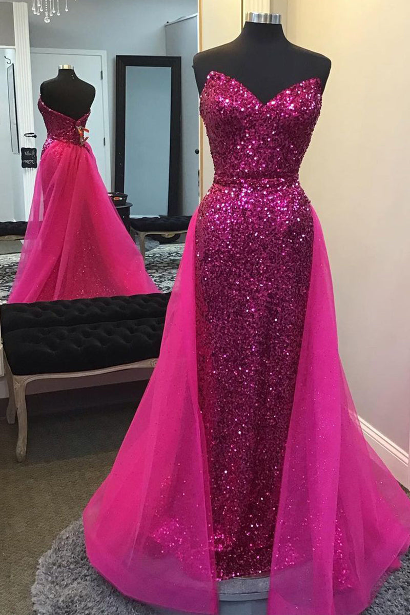 Load image into Gallery viewer, Sparkly Hot Pink Detachable Train Sequins Long Prom Dress