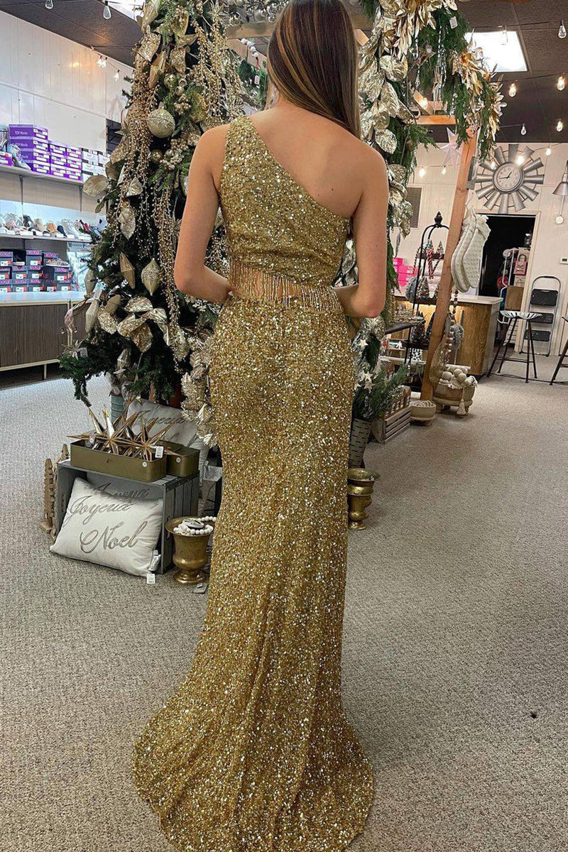 Load image into Gallery viewer, Mermaid One Shoulder Blue Sequins Long Prom Dress with Split Front