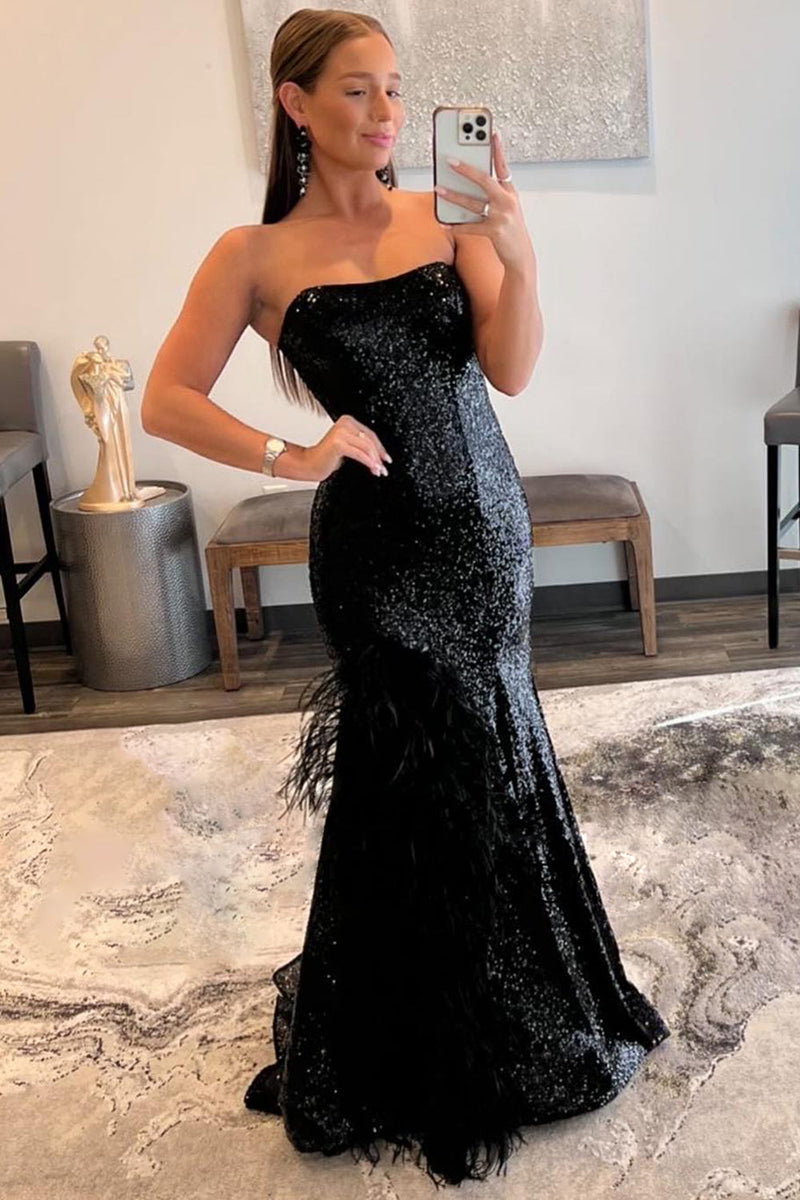 Load image into Gallery viewer, Mermaid Strapless Black Sequins Long Prom Dress with Feather
