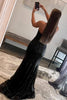 Load image into Gallery viewer, Mermaid Strapless Black Sequins Long Prom Dress with Feather