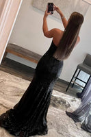 Load image into Gallery viewer, Mermaid Strapless Black Sequins Long Prom Dress with Feather