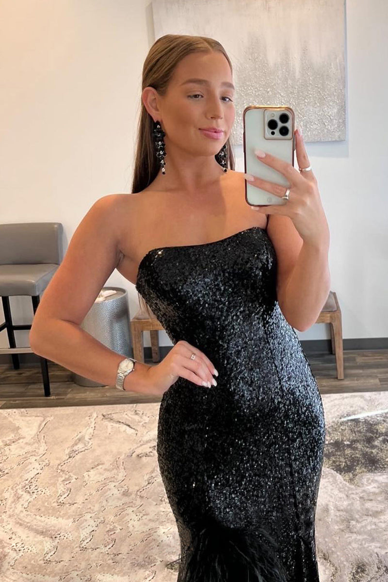 Load image into Gallery viewer, Mermaid Strapless Black Sequins Long Prom Dress with Feather