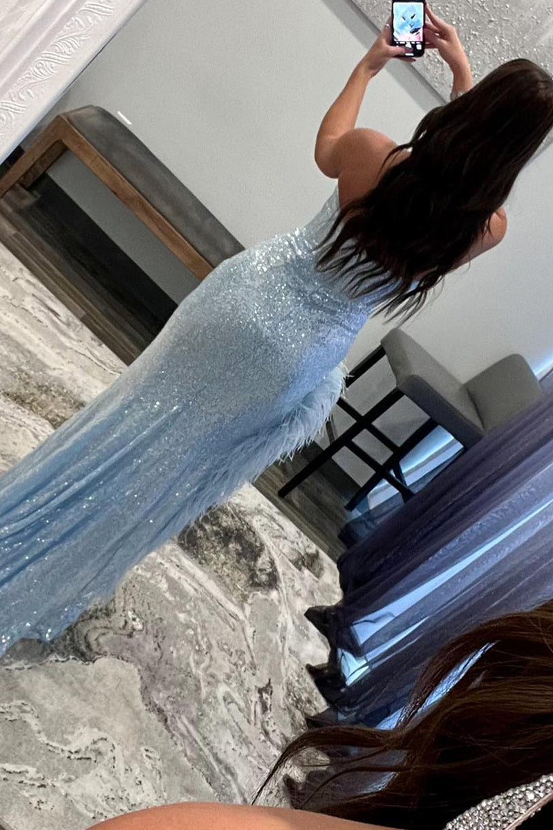Load image into Gallery viewer, Sheath Sweetheart Light Blue Sequins Long Prom Dress with Feather