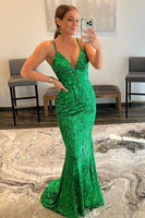 Load image into Gallery viewer, Mermaid Spaghetti Straps Green Sequins Backless Long Prom Dress