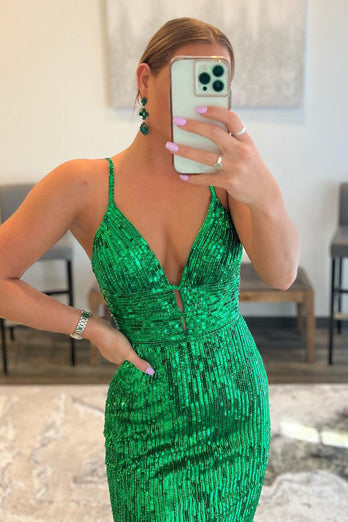 Mermaid Spaghetti Straps Green Sequins Backless Long Prom Dress