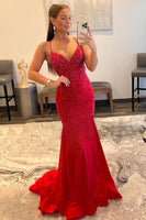 Load image into Gallery viewer, Mermaid Spaghetti Straps Red Long Prom Dress with Criss Cross Back