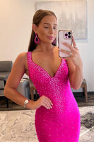 Load image into Gallery viewer, Mermaid V Neck Hot Pink Long Prom Dress with Beading
