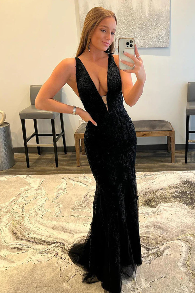 Load image into Gallery viewer, Mermaid Deep V Neck Pink Long Prom Dress with Appliques