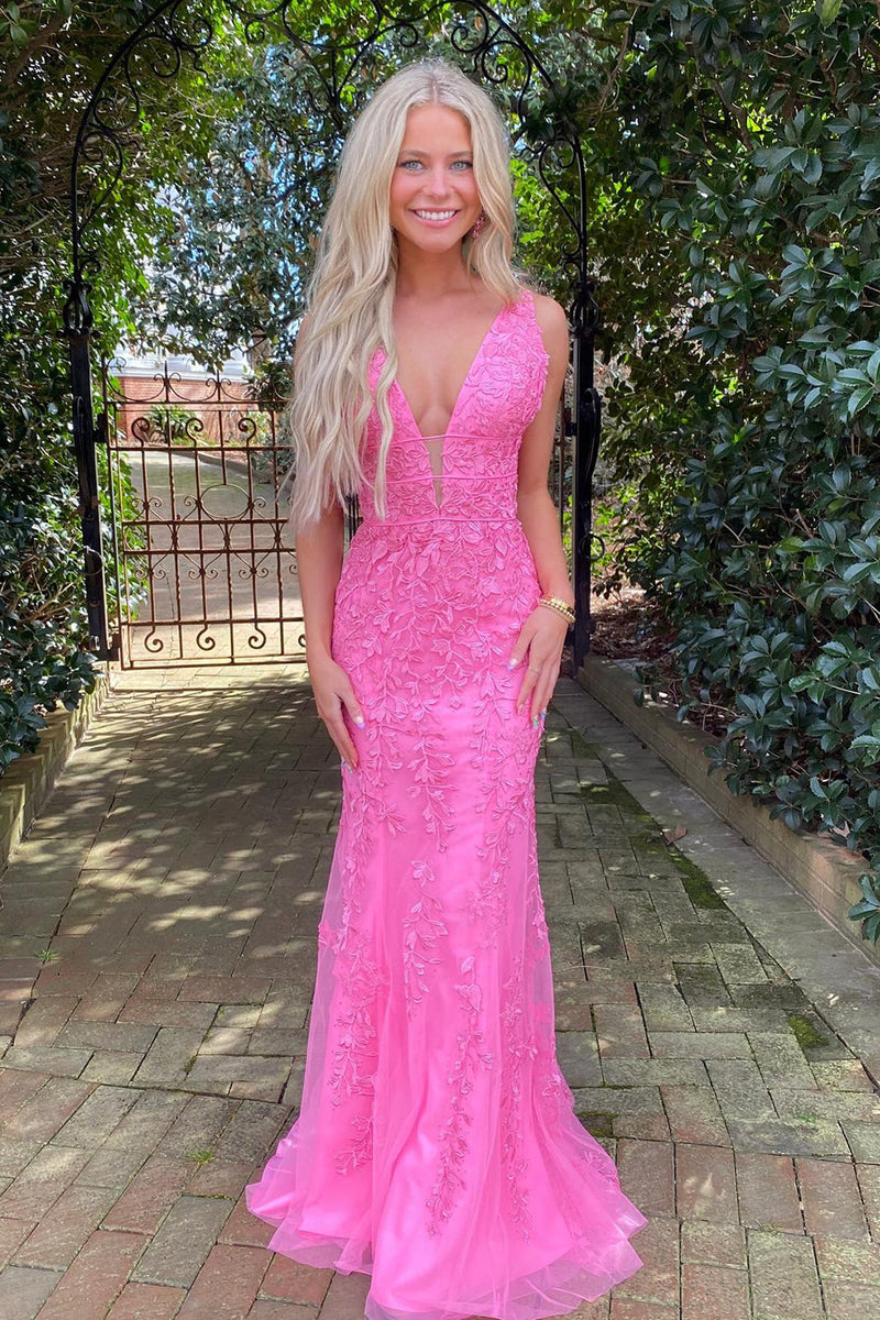 Load image into Gallery viewer, Mermaid Deep V Neck Pink Long Prom Dress with Appliques