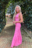 Load image into Gallery viewer, Mermaid Deep V Neck Pink Long Prom Dress with Appliques