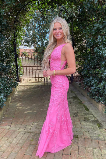 Mermaid Deep V Neck Pink Long Prom Dress with Appliques