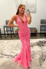 Load image into Gallery viewer, Mermaid Deep V Neck Pink Long Prom Dress with Appliques