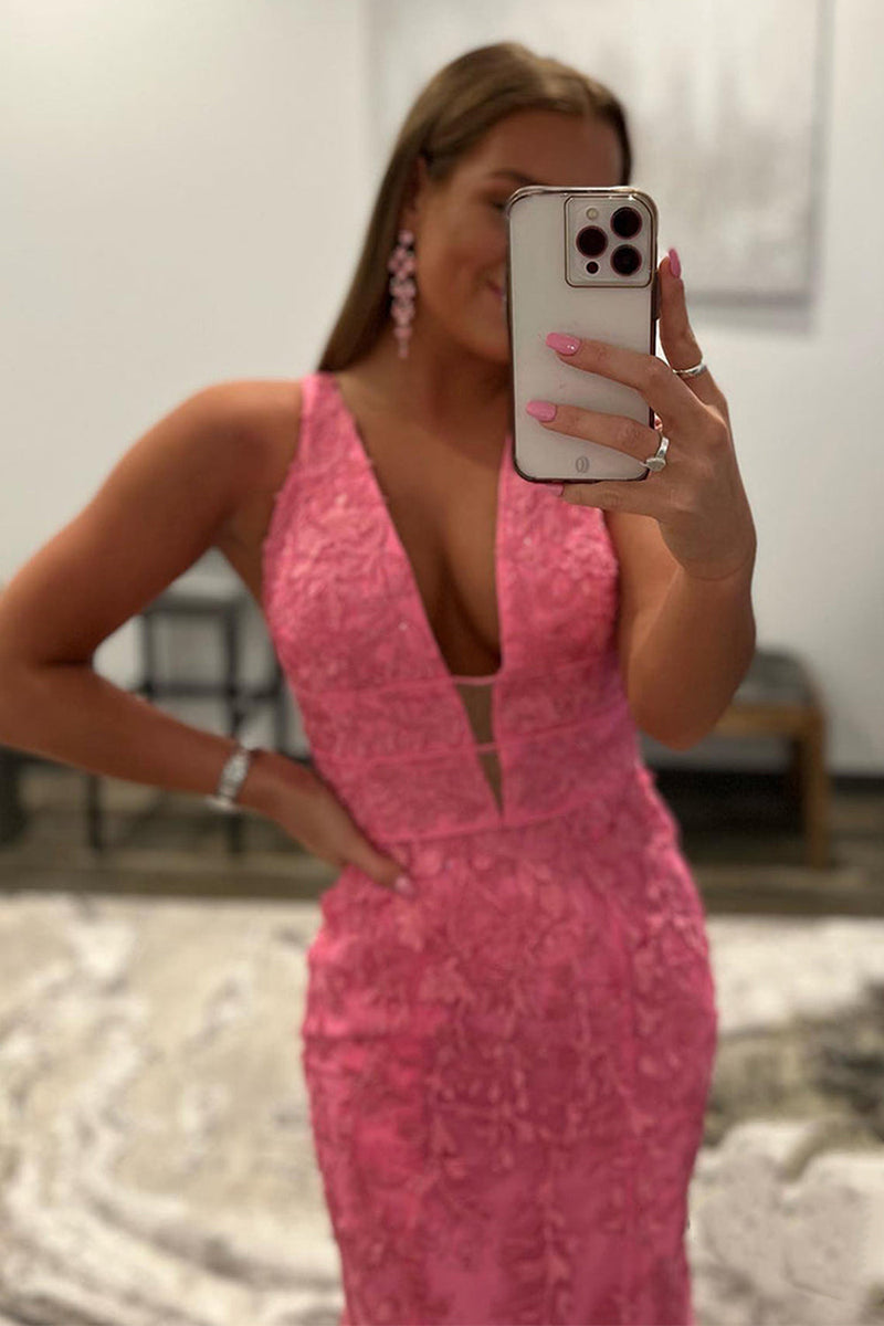 Load image into Gallery viewer, Mermaid Deep V Neck Pink Long Prom Dress with Appliques