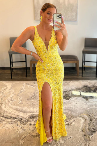 Sparkly Yellow Mermaid Lace Long Prom Dress with Beading