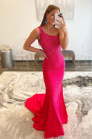 Load image into Gallery viewer, Hot Pink One Shoulder Mermaid Prom Dress