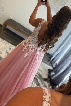 Pink A-Line Tulle Prom Dress with Appliques