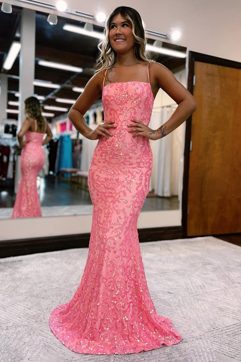Load image into Gallery viewer, Blush Spaghetti Straps Sequins Mermaid Prom Dress