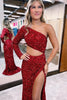 Load image into Gallery viewer, Sheath One Shoulder Red Sequins Long Prom Dress with Silt
