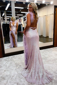 Sheath Deep V Neck Light Pink Sequins Long Prom Dress with Feathers