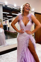 Load image into Gallery viewer, Sheath Deep V Neck Light Pink Sequins Long Prom Dress with Feathers