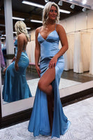 Load image into Gallery viewer, Sheath Spaghetti Straps Blue Long Prom Dress with Silt