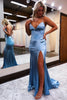 Load image into Gallery viewer, Sheath Spaghetti Straps Blue Long Prom Dress with Silt