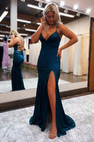 Load image into Gallery viewer, Sheath Spaghetti Straps Blue Long Prom Dress with Silt