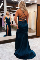Load image into Gallery viewer, Sheath Spaghetti Straps Blue Long Prom Dress with Silt