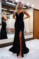 Load image into Gallery viewer, Black Lace-Up Back Sequis Mermaid Prom Dress with Slit