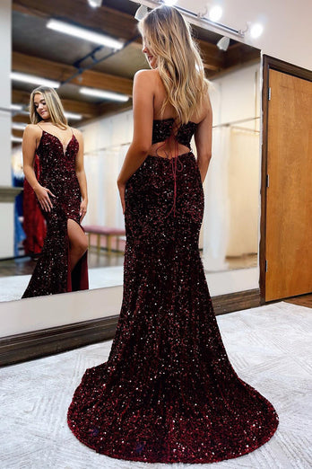 Black Lace-Up Back Sequis Mermaid Prom Dress with Slit