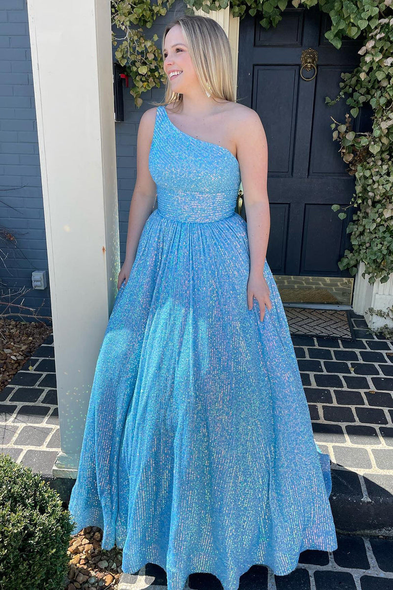 Load image into Gallery viewer, Sparkly Pink One Shoulder A Line Sequins Prom Dress