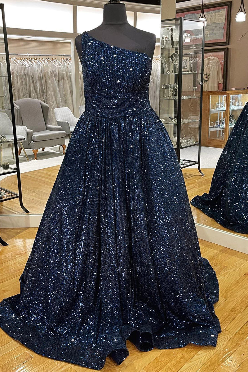 Load image into Gallery viewer, Sparkly Pink One Shoulder A Line Sequins Prom Dress