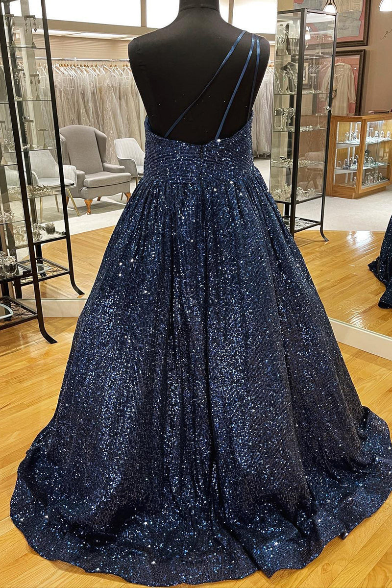 Load image into Gallery viewer, Sparkly Pink One Shoulder A Line Sequins Prom Dress