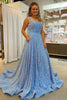 Load image into Gallery viewer, A Line Square Neck Light Blue Sequins Long Prom Dress