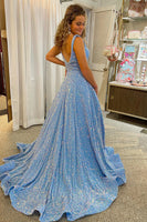 Load image into Gallery viewer, A Line Square Neck Light Blue Sequins Long Prom Dress
