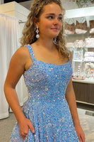 Load image into Gallery viewer, A Line Square Neck Light Blue Sequins Long Prom Dress