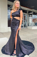Load image into Gallery viewer, Mermaid One Shoulder Cut Out Black Sequins Long Prom Dress