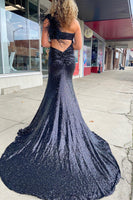 Load image into Gallery viewer, Mermaid One Shoulder Cut Out Black Sequins Long Prom Dress