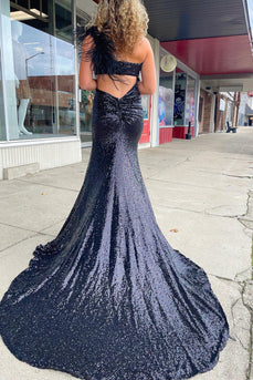 Mermaid One Shoulder Cut Out Black Sequins Long Prom Dress
