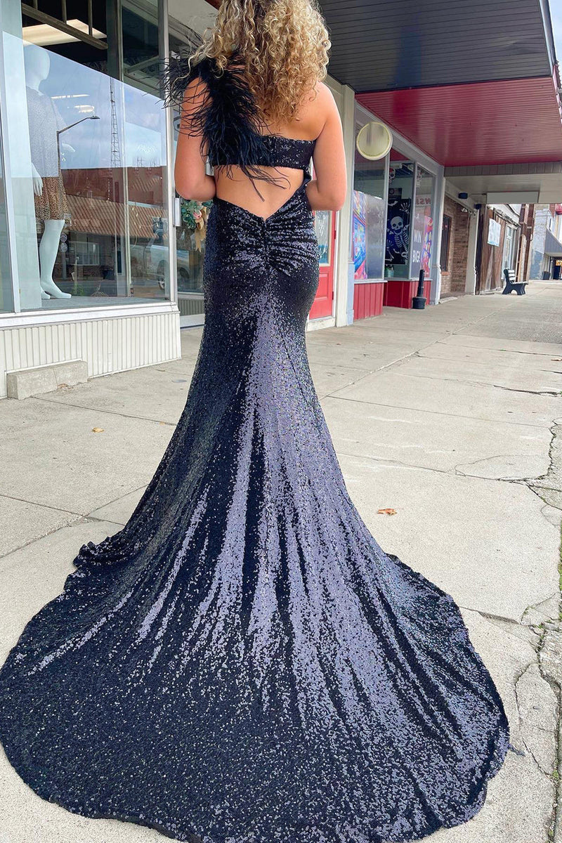 Load image into Gallery viewer, Mermaid One Shoulder Cut Out Black Sequins Long Prom Dress