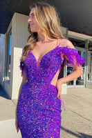 Load image into Gallery viewer, Mermaid Off the Shoulder Purple Sequins Cut Out Prom Dress with Feathers