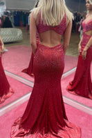 Load image into Gallery viewer, Mermaid Deep V Neck Burgundy Cut Out Long Prom Dress with Beading
