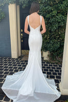 Load image into Gallery viewer, Mermaid Deep V Neck White Long Prom Dress with Beading