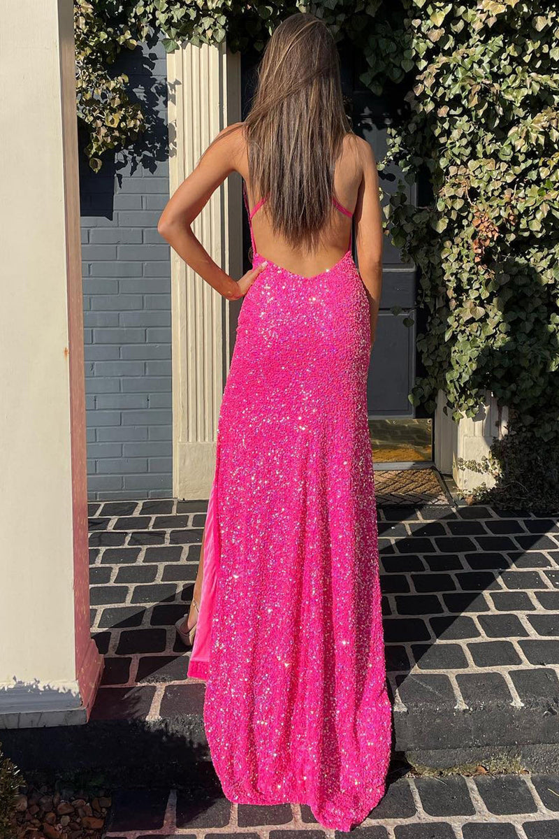 Load image into Gallery viewer, Mermaid Halter Neck Hot Pink Sequins Long Prom Dress with Split Front
