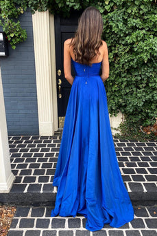 Simple A Line Deep V Neck Royal Blue Long Prom Dress with Split Front
