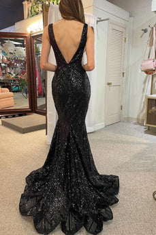 Mermaid Deep V Neck Black Sequins Long Prom Dress with Open Back