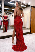 Load image into Gallery viewer, Sheath Spaghetti Straps Burgundy Sequins Long Prom Dress with Tassel