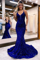 Load image into Gallery viewer, Mermaid Spaghetti Straps Royal Blue Sequins Long Prom Dress with Sweep Train