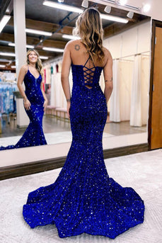 Mermaid Spaghetti Straps Royal Blue Sequins Long Prom Dress with Sweep Train